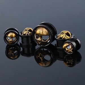 Pairs Gold Skull Stainless Steel Ear Plugs/Single Flare Tunnel Gauges/Skeleton Design Ear Gauges/Expander Stretchers/Men Plugs 0g, 00g, 1/2"