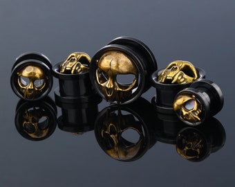 Pairs Gold Skull Stainless Steel Ear Plugs/Single Flare Tunnel Gauges/Skeleton Design Ear Gauges/Expander Stretchers/Men Plugs 0g, 00g, 1/2"