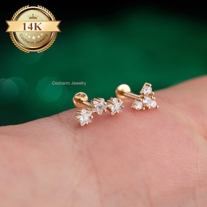 16g Diamond Threadless Push Pin Earrings, 14K Solid Gold Cartilage Piercings, Climber Conch Earring, Helix Studs Flat Back, Tragus Jewelry