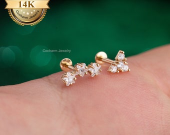 16g Diamond Threadless Push Pin Earrings, 14K Solid Gold Cartilage Piercings, Climber Conch Earring, Helix Studs Flat Back, Tragus Jewelry