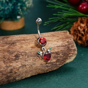 14G Christmas Dangle Ruby Belly Ring/Curved Barbell/Navel Barbell/Belly Piercing/Belly Jewelry/Belly Button Ring/1 PCS/Christmas Gift