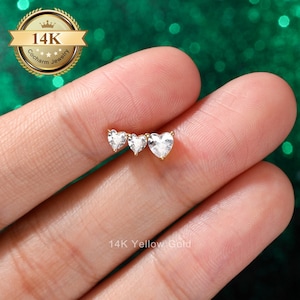3 Heart Shaped CZ Cartilage Stud,  14k Solid Gold,  16g Threadless Push-Pin Helix Earing, Tragus Stud, Conch Earring, Helix Piercing Jewelry