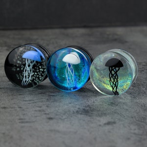 Pairs Glass Jellyfish Plug Earrings/Unique Desigh Glass Gauges/Single Flare Ear Tunnels/Expander Stretchers/0g, 00g Gauge Plugs/ 5/8, 1/2 image 3