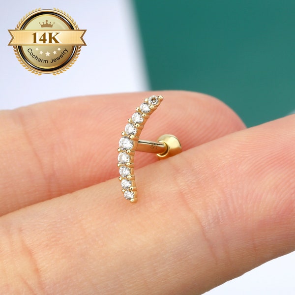 16G 14K Solid Gold Climber Helix Earring/Cartilage Stud/Helix Piercings/Curved Stud Earring/Conch Earrings/Sparkly CZ Cartilage Earring/Gift