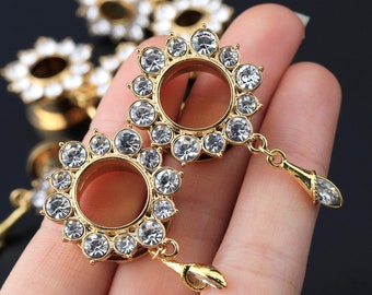 Pair Dangle Floral Ear Plugs/CZ Gauge Plugs/Screw Back Ear Gauges/Stainless Steel Tunnels and Plugs/Ear Stretchers 0G, 00G, 1/2"