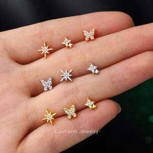 16G Flat Back Helix Orecchini, 3pcs filettati internamente Labret Studs Pack, Cartilagine Studs, Helix Tragus Conch Piercings, Stud Orecchini Gift