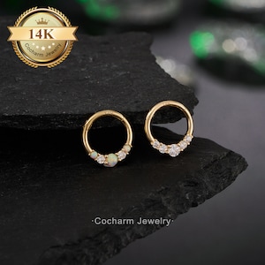 16G 14Ct Gold Opal Helix Earring, Septum Ring with Cubic Zirconia, Daith Jewelry Gold, Cartilage Hoops, Hinged Clicker, Minimalist Earrings