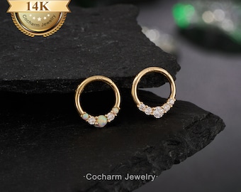 16G 14Ct Gold Opal Helix Earring, Septum Ring with Cubic Zirconia, Daith Jewelry Gold, Cartilage Hoops, Hinged Clicker, Minimalist Earrings