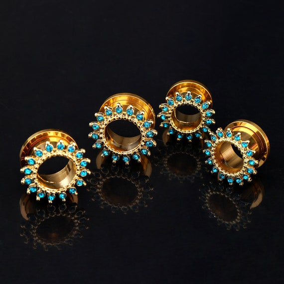 316L Stainless Steel Rhinestone Crystal Ear Tunnel Plugs Ear Gauges Expanders Body Piercing (Blue, 5/8"(16mm