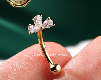 14K Gold Floral Rook Earring, Cartilage Piercings, Eyebrow Piercing Jewelry, 16G Curved Barbell, Gold Daith Earring, Helix, Conch Piercings