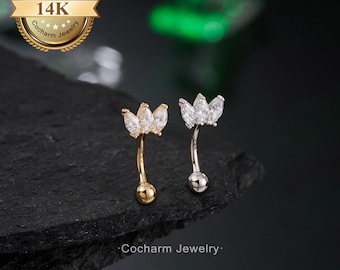 Orecchini a forma di torre di fiori 16G/Gioielli per sopracciglia in oro massiccio 14k/Barre curve/Daith, Orecchino a conchiglia 6 mm, 8 mm/Piercing alla cartilagine