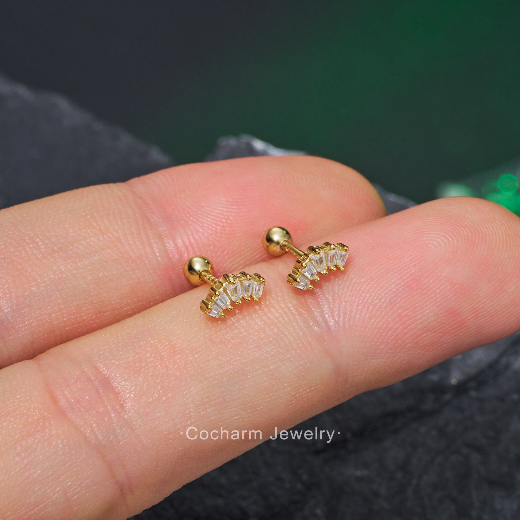 18g Gold Curved Helix Earring with Sparkly CZ, 925 Silver Stud Earrings, Cartilage Studs, Conch Earring, Tragus Jewelry, Upper Lobe Piercing