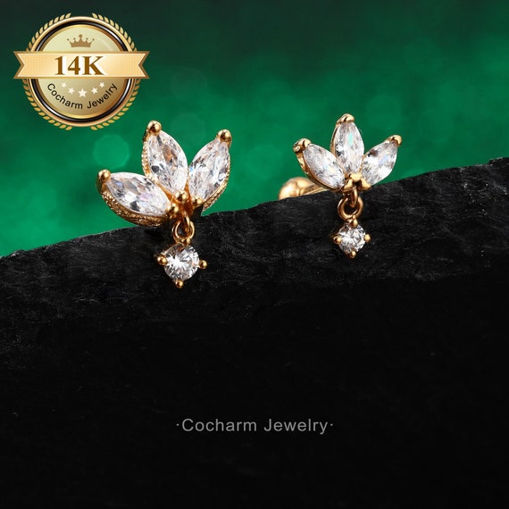 16G/18G Dangle Oval Helix Earring/14k Solid Gold Cartilage Stud/Earring Studs/Tragus Earrings/Externally Threaded Helix Piercings/Conch Stud