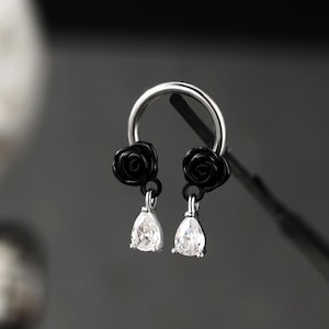 16G Rose Cartilage Hoop, Dangly Septum Piercing Jewelry, Helix Earring with CZ Pendant, Daith, Conch Earring, Septum Ring for Halloween