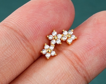 1PCS 16G Stainless Steel Gold Floral CZ Stud/Cartilage Stud/Internally Threaded/Nose Stud/Labret Stud/FlatBack Stud/Helix Stud/Gift For Her