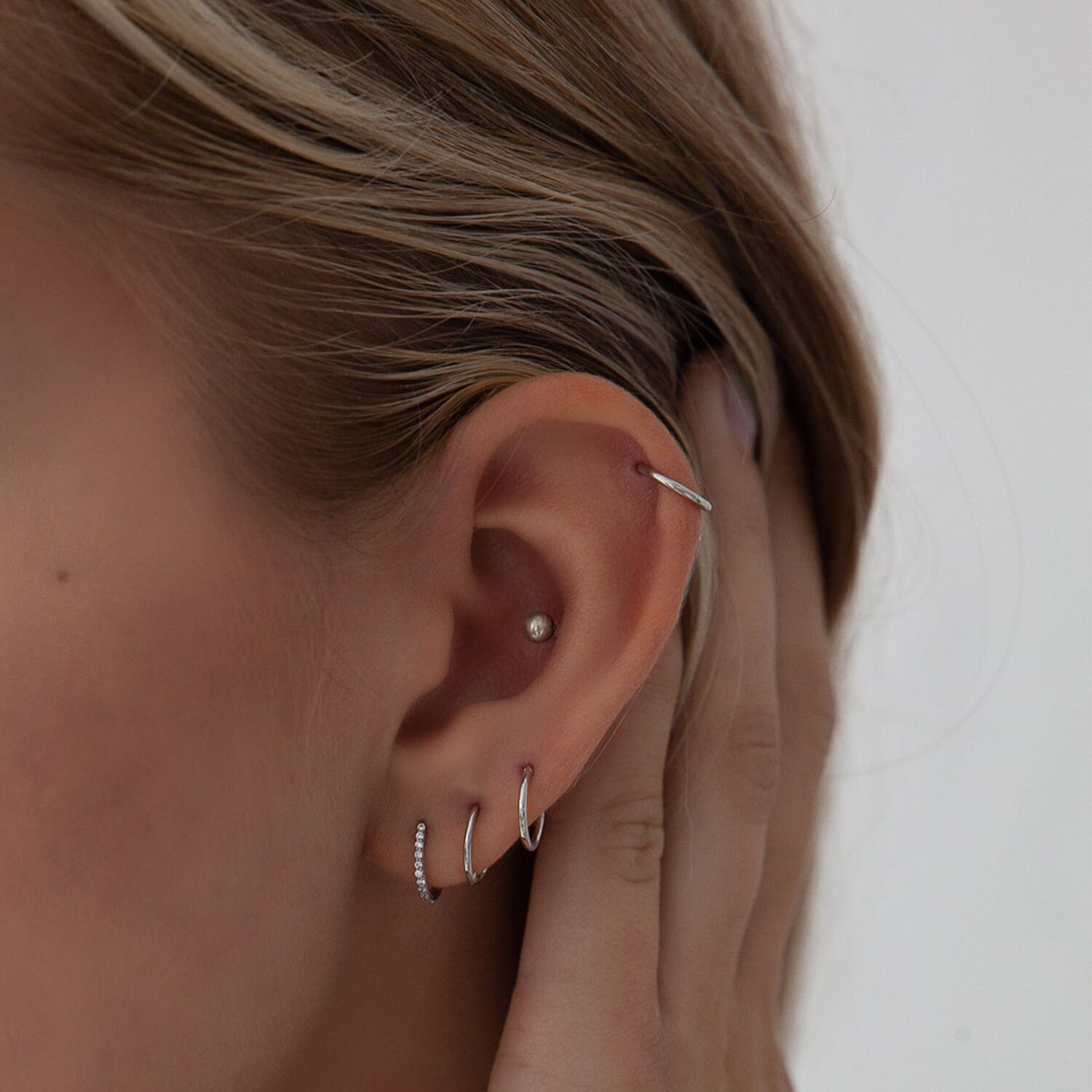 thumbnail image 2 of Baguette Helix Hoop Cartilage Earring Ring Tragus Clicker Ear Piercing Jewelry Silver - 1 Piece / 8mm 2 of 13