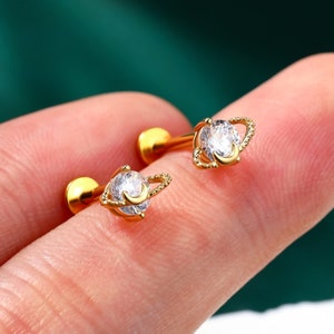 16g Planet Threadless Push-In Labret, 14k Solid Gold Celestial Helix Stud, Cartilage Earring, Tragus Jewelry, Conch, Lobe Piercing Stud