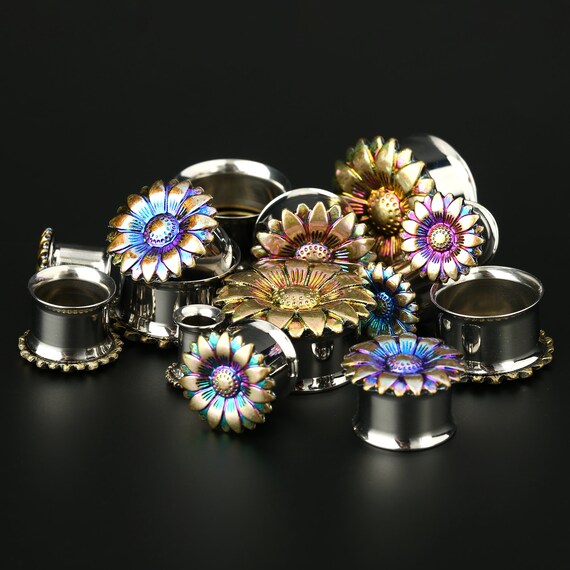 Sunflower Stainless Steel Plug Earrings ear Gauge flare 0g Ear