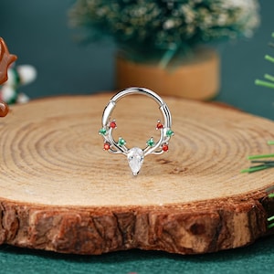 16G Antler Colorful CZ Septum Ring/Daith Earring/Emerald CZ Cartilage Hoop/Helix Piercing/Septum Jewelry/Conch Hinged Clicker/Christmas Gift
