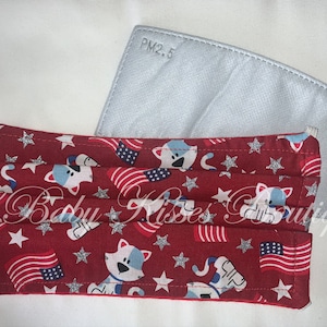 Masque facial en tissu patriotique, masque facial américain, masque réutilisable à double couche, masque facial avec poche filtrante, masque facial imprimé du 4 juillet