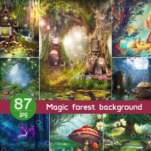 Op de afbeelding: Een verzameling digitale afbeeldingen met een magische bosachtergrond met bomen, paddenstoelen, gloeiende lichten en kleine woningen. De tekst 87 jpg en Magic forest background staat in een groene cirkel en een kastanjebruine banner.