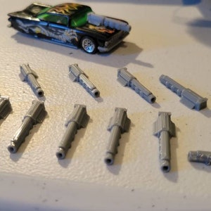 Laser Cannon Pack, 12 items Silver 3d printed. 1/64 scale.