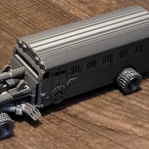 Apocalyptic War Bus With Wheels that roll. 3d printed. One item 1/64 scale. Ready For paint