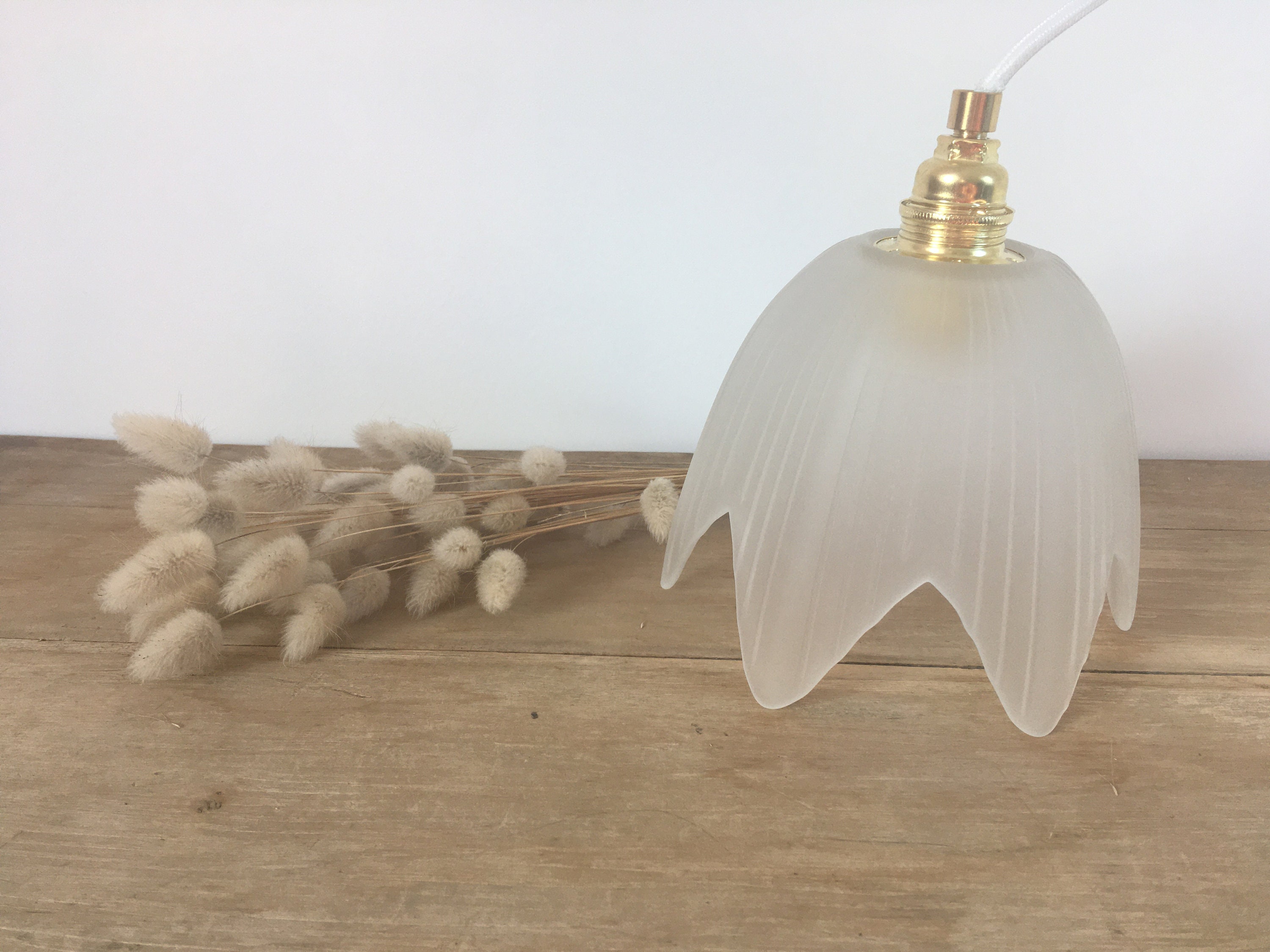 Lampe Baladeuse avec Globe Vintage Tulipe en Verre et Fil Blanc