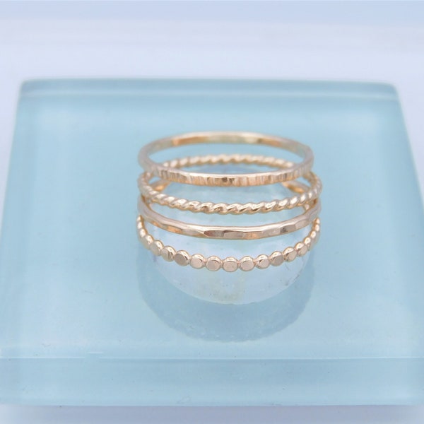 4 Gold Stacking Rings, 14K Gold Filled Set, One 1.5mm Wide Bead Ring And 1.3mm Wide Hammered, Twisted, & Birch Bark Textured Rings