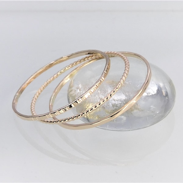 14K Solid Gold Stacking Ring Set, Handcrafted 0.81mm Wide Solid 14K Gold Hammered, Twisted, & Birch Bark Textured Rings, Thin Three Ring Set