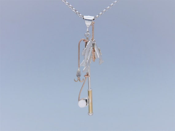 Buy Gold & Silver Fishing Pole With Fish Necklace, Handmade 14K
