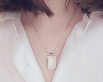 Silver Tag Necklace. Elegant Silver Chain with White Stone Rectangular Pendant