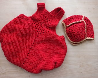 Peto de crochet para bebé con gorro y muselina a juego. Accesorio de fotografía para bebé niño/niña. Romper retro de ganchillo, sombrero, muselina.