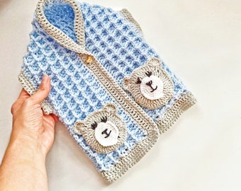 Waffle Stitch Baby Vest Crochet Pattern with Bear Pockets (PDF Download)