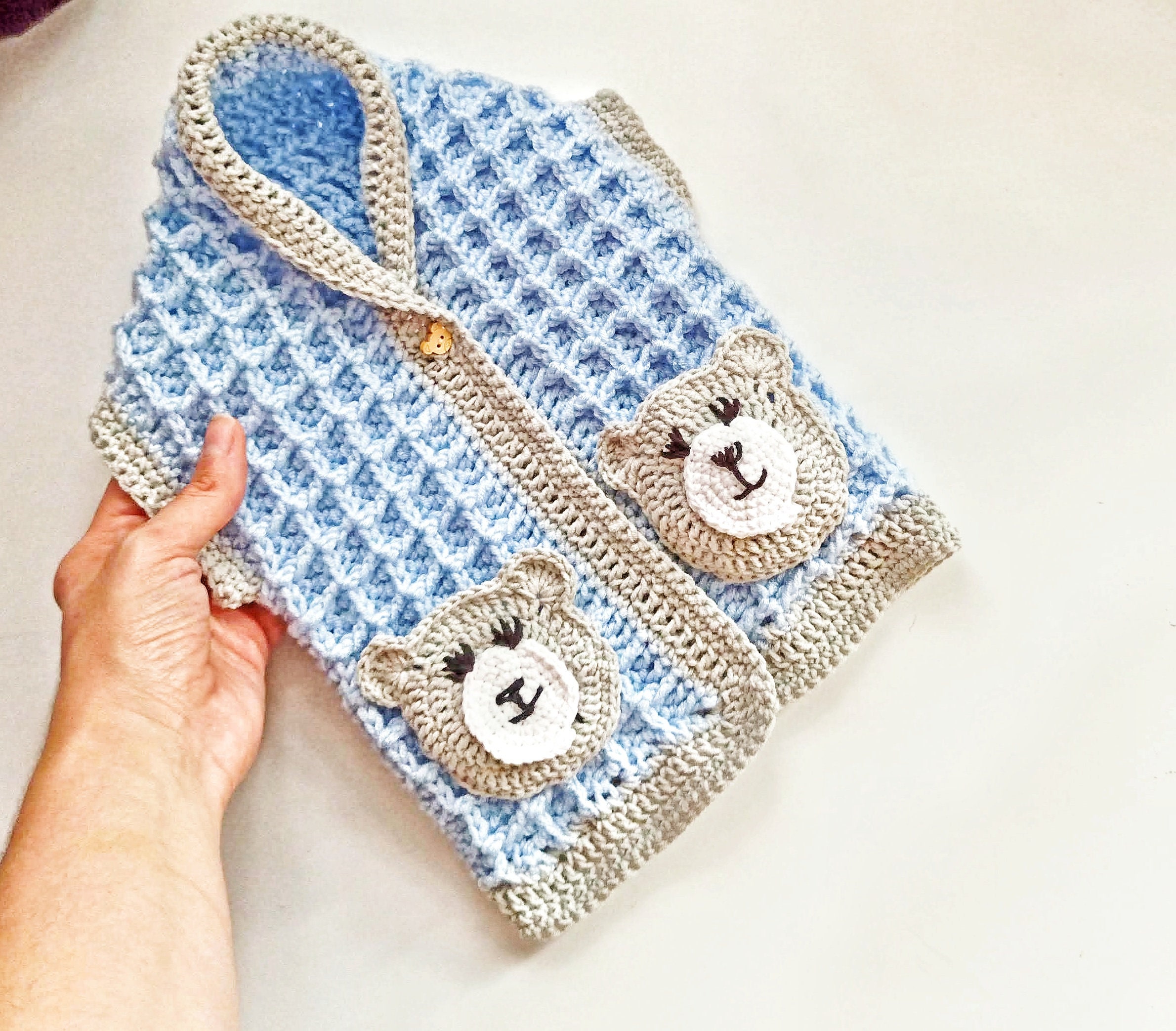 Waffle Stitch Baby Vest Crochet Pattern with Bear Pockets