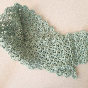 May include: A handmade, light green crocheted scarf. The scarf features a delicate, openwork pattern with a scalloped edge. The soft, muted green color and intricate design suggest a cozy, handcrafted item.