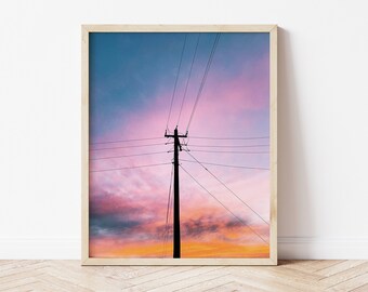 Power Line Sunset Photo Print | Downloadable Photography Wall Art | Printable Teen Art Prints | Digital Download