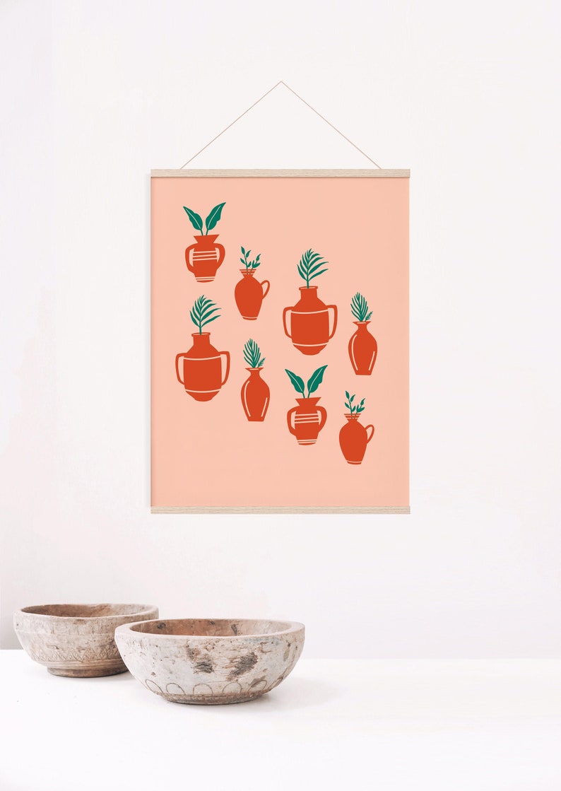 Terra Cotta Pottery with Leaves, Mid Century Modern Wall Art Print, Abstract Geometric Gallery Art, Minimal Boho, Digital Download Prints image 1