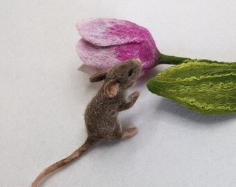 Tulip with mouse. Wet felted.