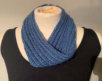 Hand knitted, blue, infinity scarf