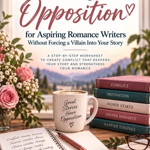 Puede incluir: Una portada de libro titulada Meaningful Opposition for Aspiring Romance Writers de Diane Ziomek. Presenta una taza con el texto Great Stories Have Opposition, una pila de libros etiquetados como Conflict, Motivation, Higher Stakes, Deeper Romance y Happier Endings, un cuaderno con texto escrito a mano, un bolígrafo y unas gafas.