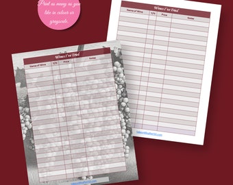 Printable Wine Record Sheet | Wines Tried | Journal Insert