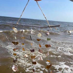 May include: A seashell wind chime made from driftwood and various seashells. The chime is hanging from a piece of twine and is being held by a hand against a blue sky and ocean background.