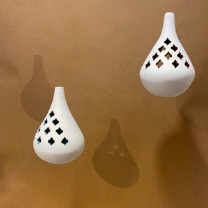 Set of 2 - Handmade Decorative Ceramic Tear Drop Design Tea Light Candle Holder - Hanging Lights - Home Decor Corner
