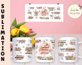 SPANISH AFFIRMATIONS Mug Sublimation design Modèle d'emballage complet 11 oz / 15 oz, Cadeau pour elle, Santé mentale, Amour de soi, Faites-le vous-même