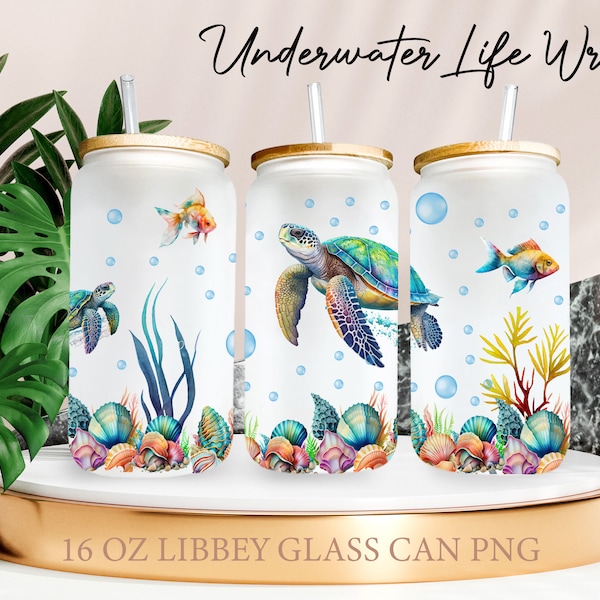 Turtle Ocean Libbey Glass Sublimation design, UV Dtf Cup Wrap , Underwater Life 16 oz glass can  Wrap sublimation Cup Png Digital Download