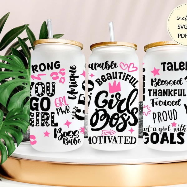 Girl Boss 16  oz glass can wrap Svg, Boss Babe, Small Business Woman, Feminism Quotes Glass can wrap, Girl Power libbey glass svg