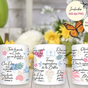 Frases religiosas Taza Diseño de sublimación 11 oz/15 oz Plantilla de envoltura completa, Regalo religioso ESPAÑOL Png, Fe, Jesús png, Versículo Bíblico Png