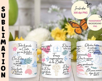 Frases religiosas Mug Sublimation design 11 oz/15 oz Full Wrap Template, SPANISH Religious Gift Png, Faith, Jesus png, Bible Verse Png