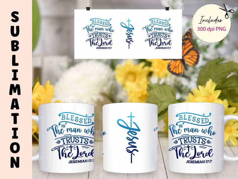 May include: Two white mugs with a blue and purple design. One mug features the text "Blessed is the man who trusts the Lord Jeremiah 17:7". The other mug features the word "Jesus" with a cross.
